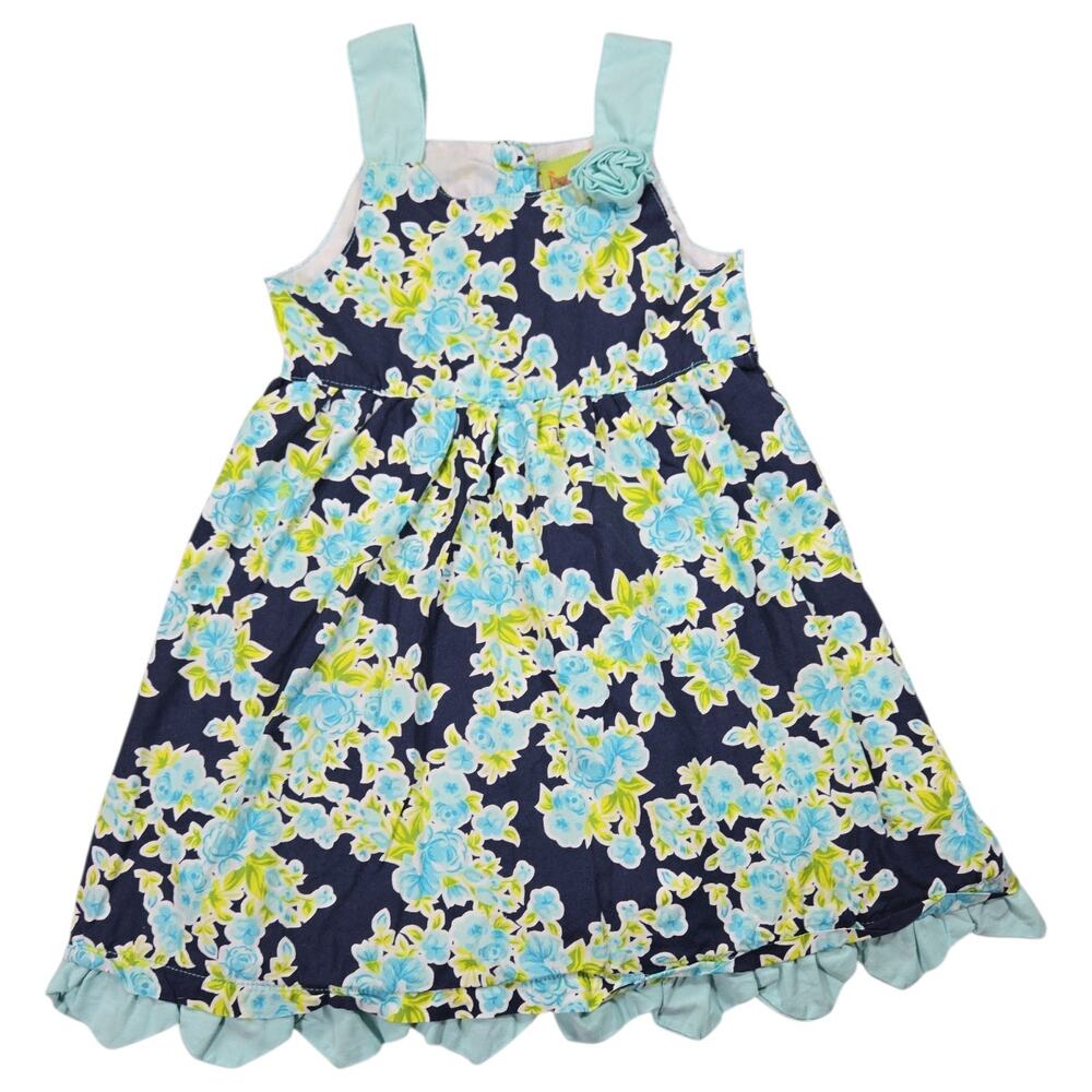 Penelope Mack Girls 4T Navy Blue Rose Floral Sundress Aqua Ruffle Spring Dress